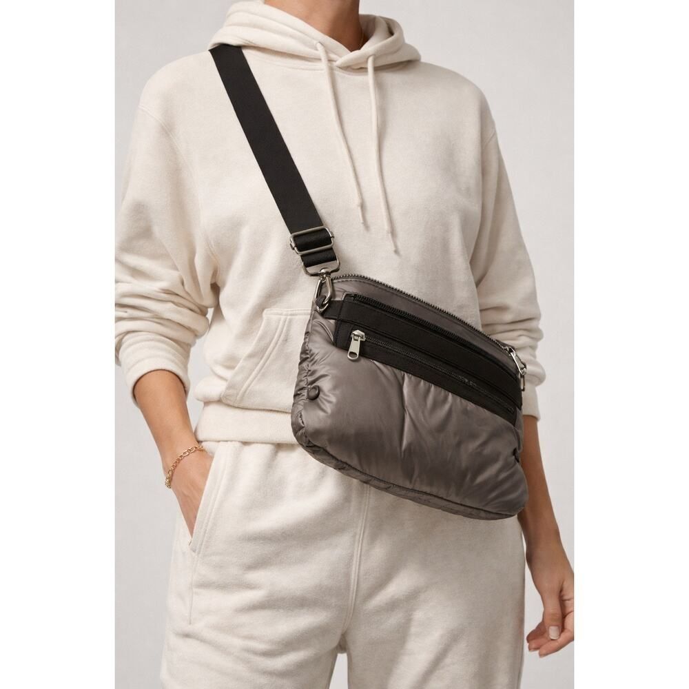 Athleta Carra Convertible Metallic Puffer Crossbody Bag Grey Silver Lightweight